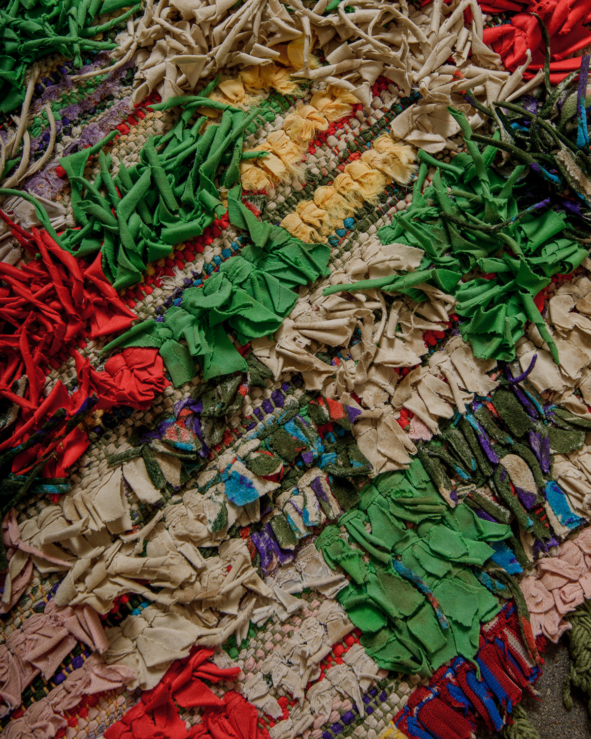 Close-up of a colourful woven textile with various patterns and colours.